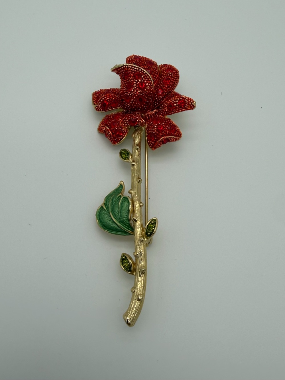Red Rose Stem Brooch with Green Leaf